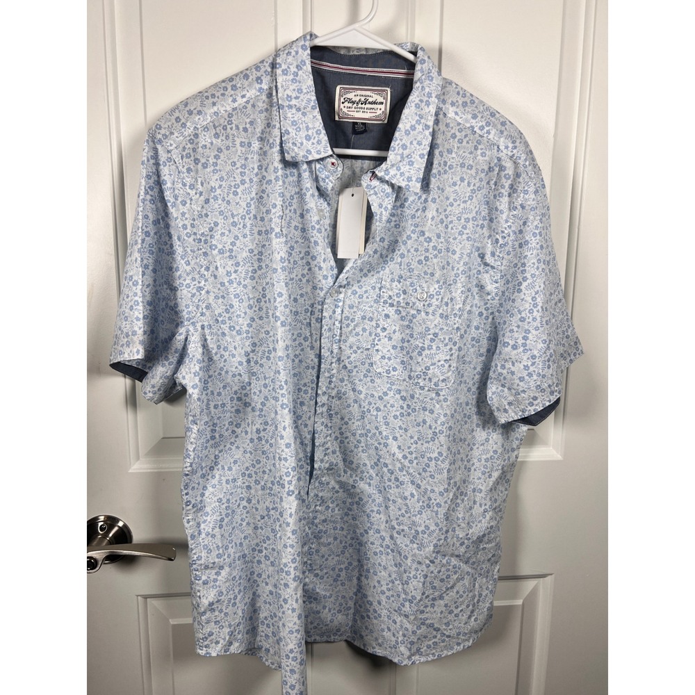 Flag & Anthem Mens XL Short Blue Floral Button Down Shirt Short Sleeve Untucked